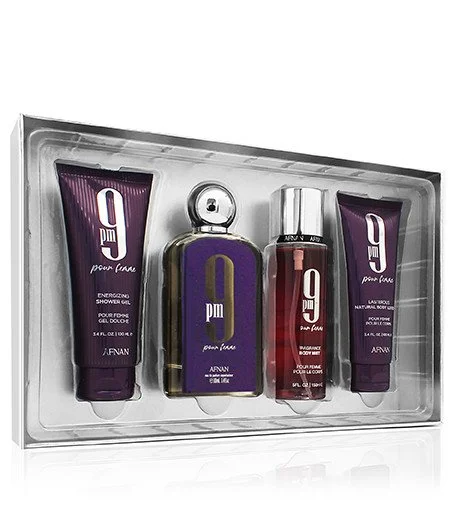 9pm Pour Femme darčeková sada 100 ml + sprchový gél 100 ml + telové mlieko 100 ml + telový sprej parfumovaná voda pre ženy