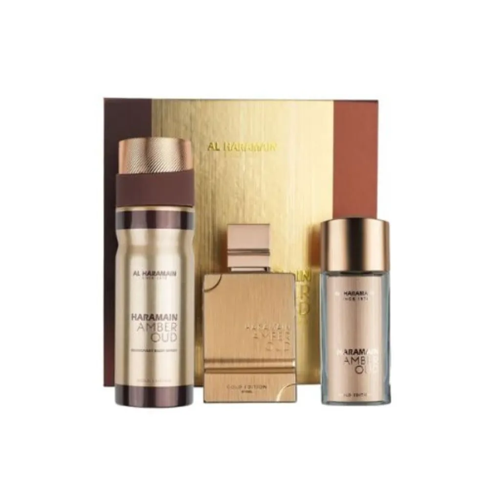 Amber Oud Gold Edition darčeková sada 75 ml + parfumovaná voda 30 ml + telová hmla parfumovaná voda unisex 75 ml parfemovana voda 30 ml telova mlha parfemovana voda 200 ml unisex