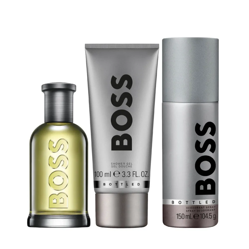 Boss Bottled darčeková sada pre mužov toaletná voda 100 ml + sprchový gél 100 ml + deosprej 150 ml 100 ml + sprchový gel 100 ml + deosprej 150 ml