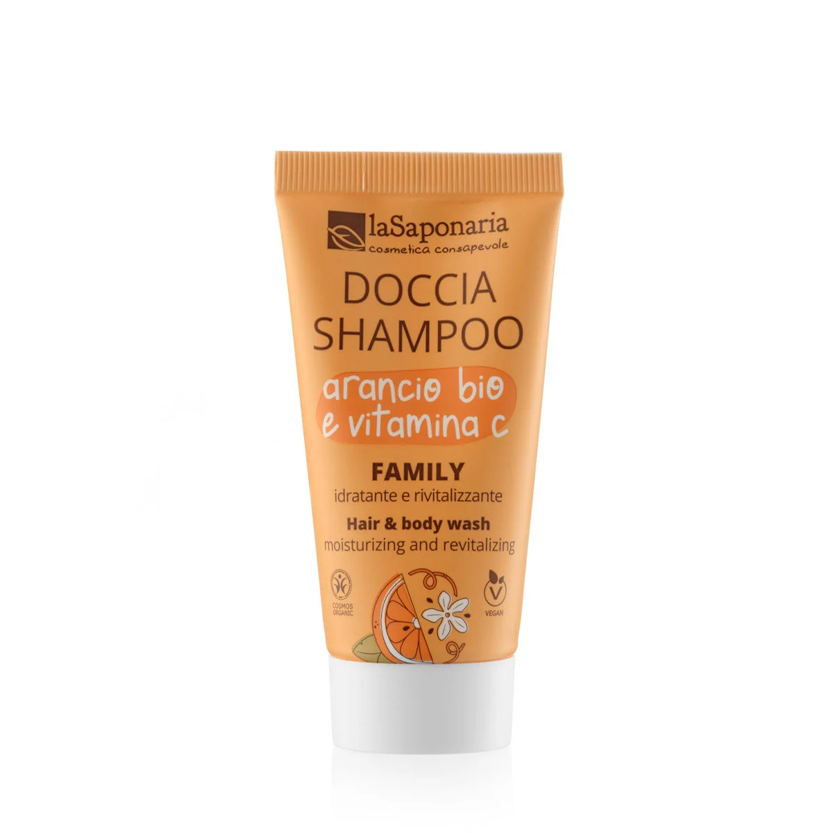 laSaponaria Sprchový gél a šampón 2 v 1 s BIO pomarančom a vit. C pre celú rodinu 30 ml - so sladkou a povzbudzujúcou vôňou