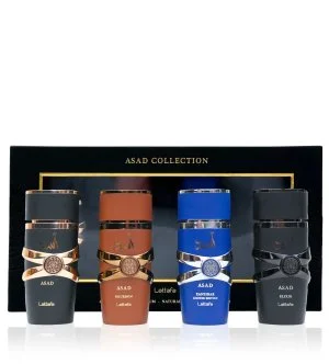 Lattafa Asad Collection darčeková sada Asad 25 ml + parfumovaná voda Asad Bourbon 25 ml + parfumovaná voda Asad Zanzibar 25 ml + parfumovaná voda Asad Elixir parfumovaná voda pre mužov