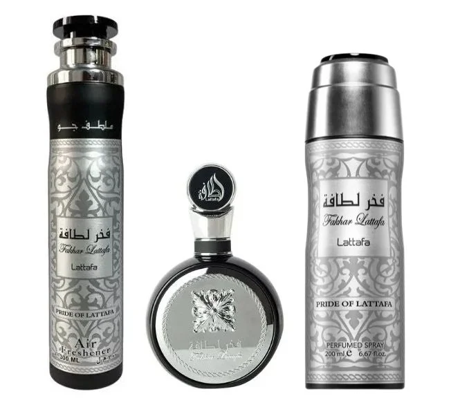 Fakhar Man darčeková sada – parfumovaná voda 100 ml + parfumovaný sprej 200 ml + osviežovač vzduchu 300 ml