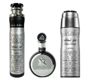 Lattafa Fakhar Man darčeková sada – parfumovaná voda 100 ml + parfumovaný sprej 200 ml + osviežovač vzduchu