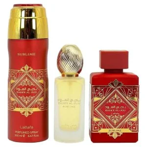 Lattafa Badee Al Oud Sublime darčeková sada – parfumovaná voda 100 ml + parfumovaný sprej 200 ml + vlasová hmla