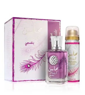Lattafa Mahasin Crystal Violet darčeková sada pre ženy parfumovaná voda 100 ml + deosprej 50 ml