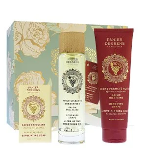 Panier Des Sens Renewing Grape darčeková sada exfoliačné mydlo 150 g + suchý telový olej 100 ml + spevňujúci telový krém