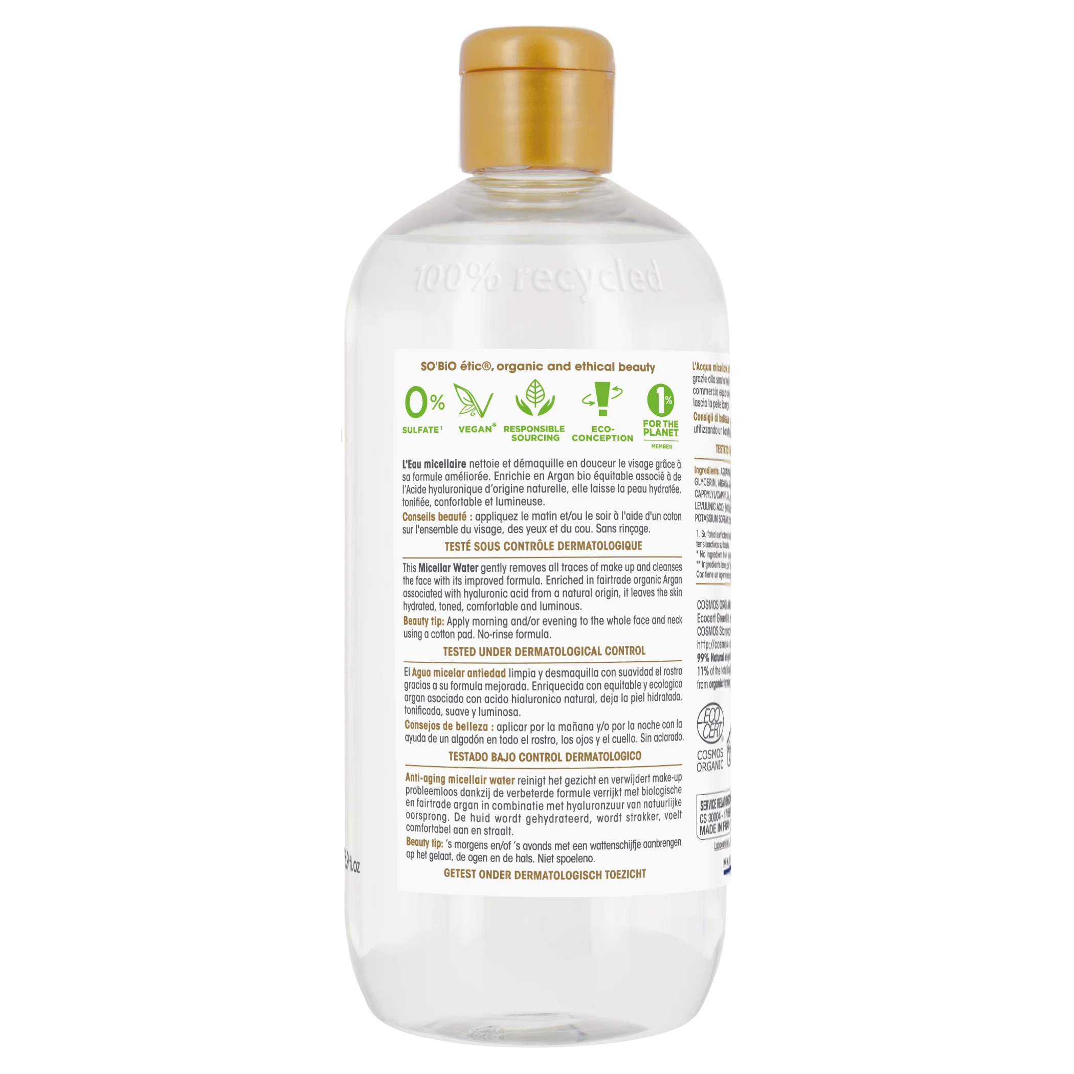 SO’BiO étic Anti-Age Precieux Argan Anti-age micelárna voda s hyalurónom BIO (500 ml) - s kyselinou hyalurónovou