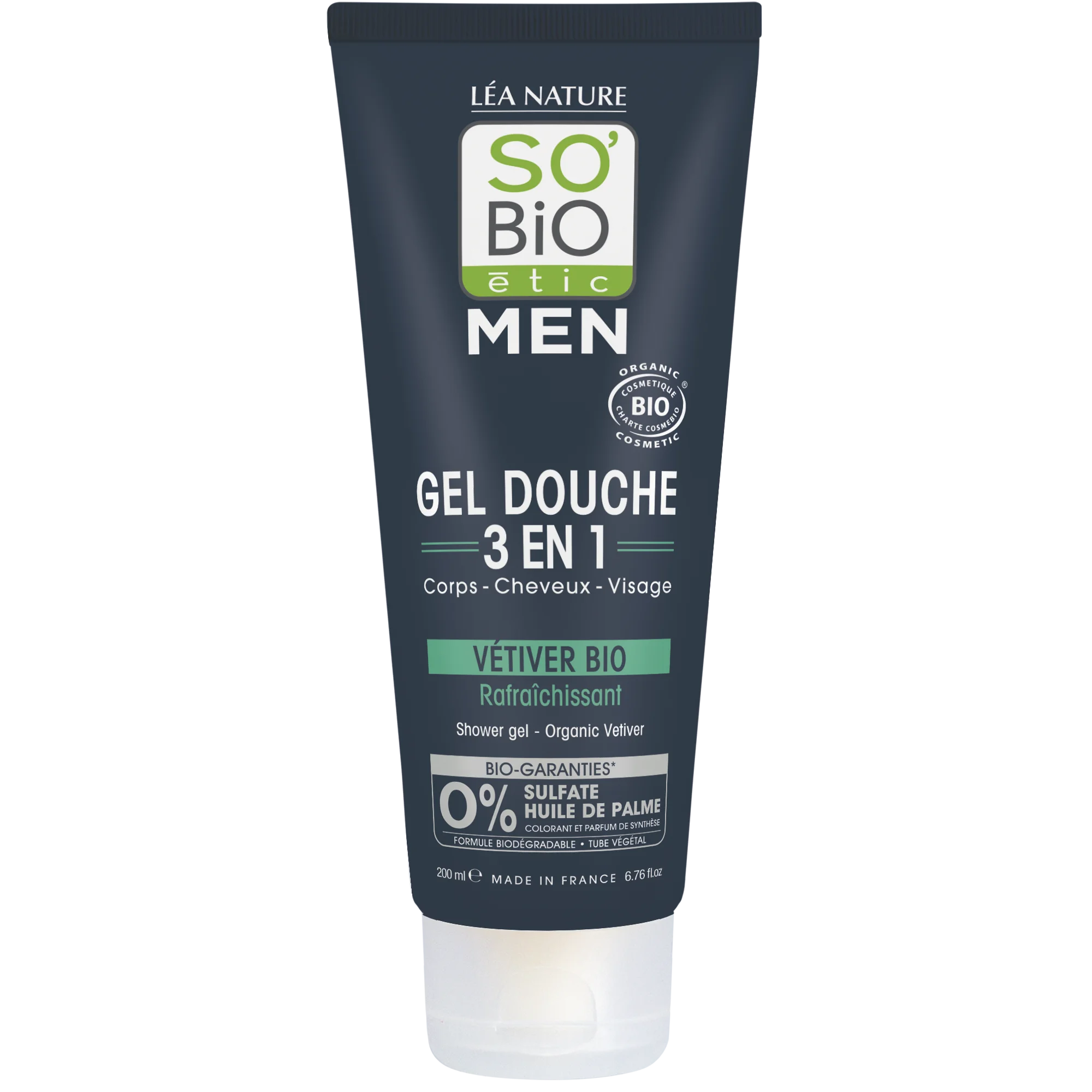 SO’BiO étic Sprchový gél MEN 3v1 - osviežujúci vetiver BIO (200 ml) - na telo, tvár aj vlasy