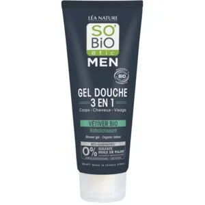SO’BiO étic Sprchový gél MEN 3v1 - osviežujúci vetiver BIO (200 ml) - na telo, tvár aj vlasy