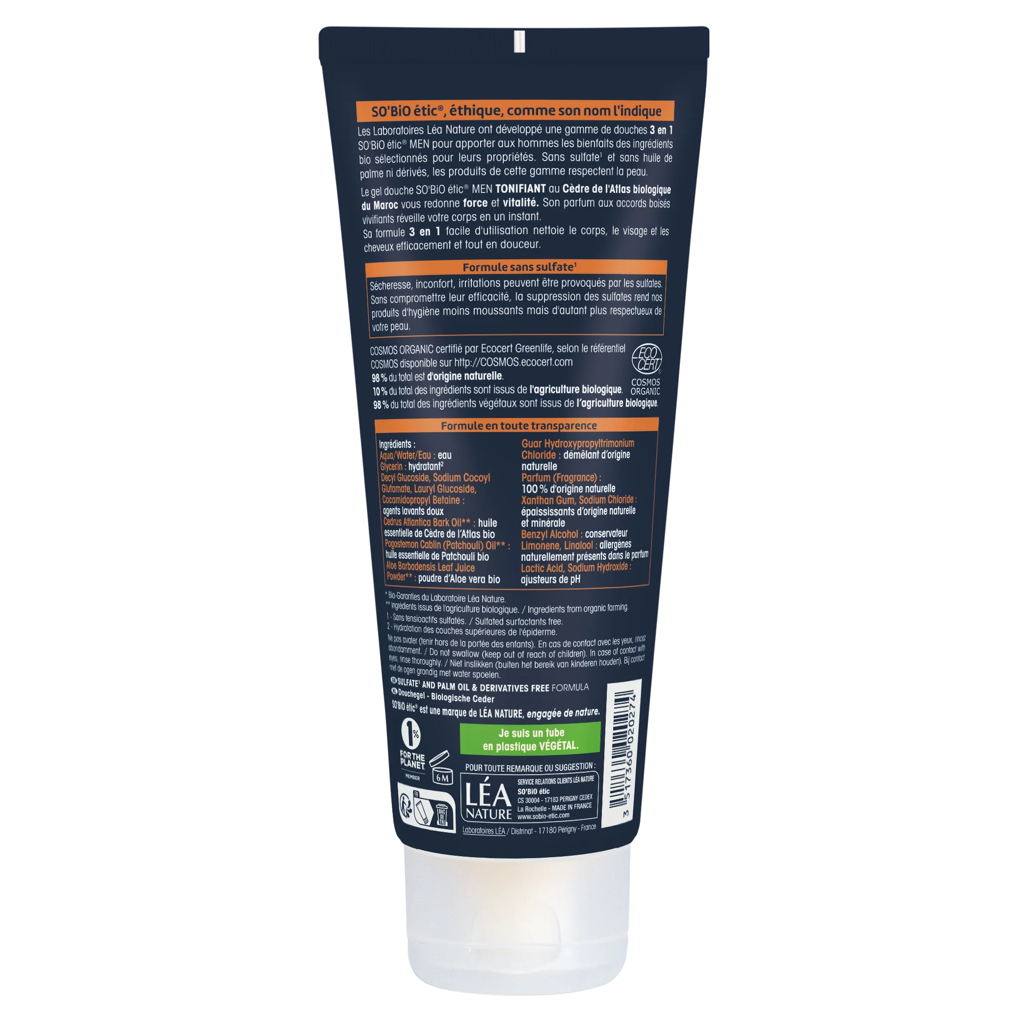 SO’BiO étic Sprchový gél MEN 3v1 - tonizujúci céder BIO (200 ml) - na telo, tvár aj vlasy