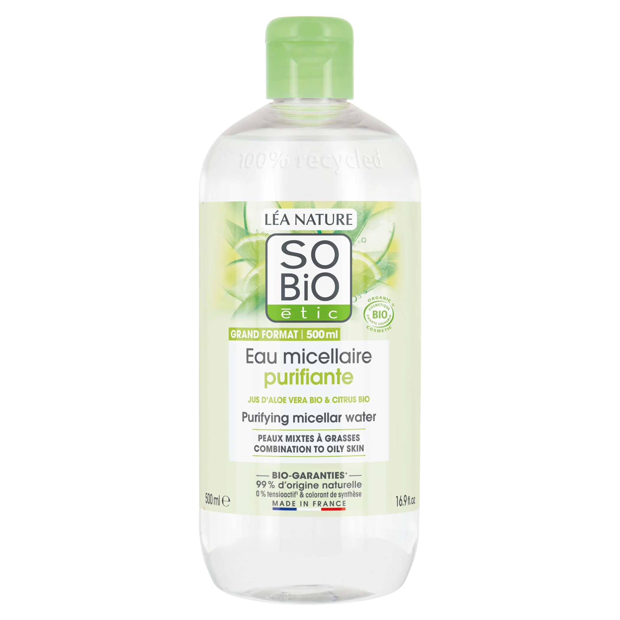 SO’BiO étic Micelárna voda Aloe Vera čistiaca - zinok a citrusy BIO (500 ml) - ideálna pre zmiešanú až mastnú pleť