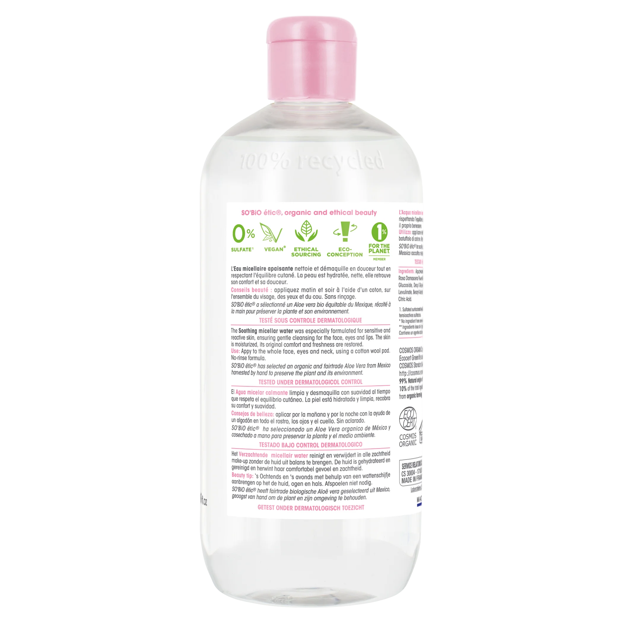 SO’BiO étic Micelárna voda s Aloe Vera upokojujúca BIO (500 ml) - obohatená o harmančekovú vodu