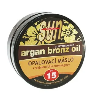 Vivaco SUN Argan Bronz Oil opaľovacie maslo s rozjasňujúcimi zlatými glitrami SPF 15