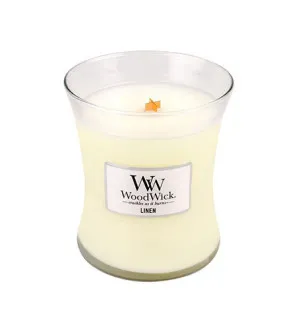 WoodWick Linen vonná sviečka s dreveným knôtom 275 g